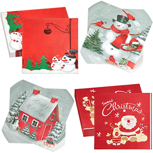 80 Stück Weihnachten Servietten Einweg Schneemann Weihnachtsmann Muster Cocktail Servietten Weihnachtsbaum Servietten Seidenpapier Serviette für Weihnachtsmotiv Deko, 13 x 13 Zoll, 4 Stile von Nezyo