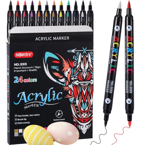 Nezyo 24 Farben Acrylfarben Stifte Acrylstifte für Steine Wasserfest 12PCS Dual Tip Acrylic Marker für Holz, Leinwand, Stein, Steinmalerei, Glas, Keramikoberflächen, DIY Handwerk Kunstbedarf von Nezyo