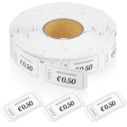 Nezyo Wertmarken Rolle 1000 Blatt Perforierte Wertmarken Fortlaufende Nummer Essensmarken Rolle Getränke Marken Rolle Abriss Wertmarken für Geschäfte Bar Hochzeit Party Karneval(Weiß,0,5 Euro) von Nezyo