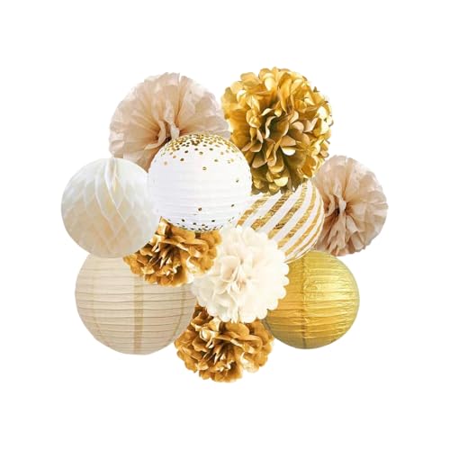 11 Stück Papierlaternen Pom Poms Wabenkugeln Dekorationsset, Baby Shower Dekorationen für Jungen Mädchen, Party Zubehör Set Party Dekoration für Abschlussfeier Hochzeit Jahrestag Geburtstag (Gold) von Nhgkju