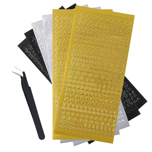 6 Blatt Buchstabenaufkleber, selbstklebende Aufkleber mit Edelstahlpinzette, Heißprägeetiketten Aufkleber Gold Silber Schwarz Mini Buchstabe A-Z Aufkleber für Scrapbooking DIY Bastelprojekte von Nhgkju