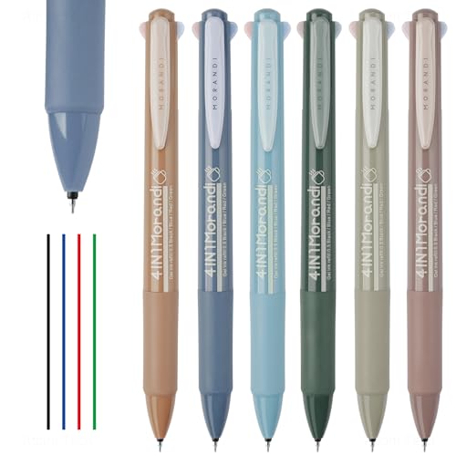 NiArt 6 Stück Mehrfarbiger Kugelschreiber, 4 in 1 Retractable Ballpoint Pens, 0,5 mm Feine Spitze, Wischfest und Schnelltrocknend, Ideal für Büro, Schule, Studenten (6 Morandi Farben) von NiArt