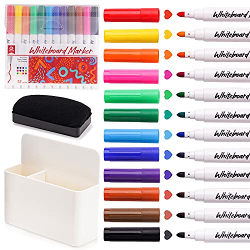 NiArt Magnetischer Whiteboard Stiftehalter Set，12 Whiteboard Marker，Stifthalter Magnetisch mit Whiteboard Schwamm ，Whiteboard Zubehör für Kühlschrank，Schule, Büro & Zuhause(Weiß) von NiArt