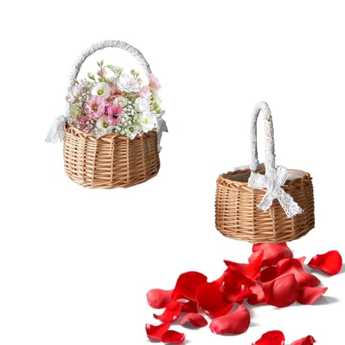 Niaciswe Geflochtener Blumenkorb 2 Stück Blumenkorb Hochzeit Blumenvase Streukorb Blumenkinder Korb Streukörbchen Streukorb Weidenkorb Mini Geflochtener Blumenkorb mit Griffen und Band für Hochzeit von Niaciswe