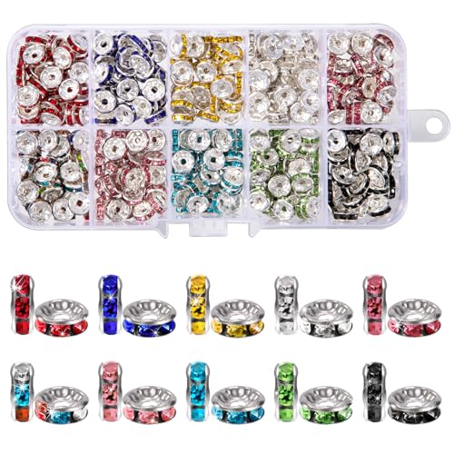 Niboken Rondelle Strass Spacer Flache Zwischen Perlen Bunte Metall Lose Zwischenperlen Beads für Schmuckherstellung Ohrringe DIY Schmuck Dekorationen Halskette Anhänger (10 Farben/400pcs) von Niboken