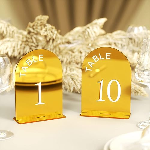 Niciksty Tischnummern 10 Stück Hochzeits-Tischnummern, Acryl Empfang Tischnummern mit Halter, Acryl-Tischschilder für Wedding Geburtstag Party, Gold von Niciksty