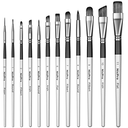 Nicpro 12 Stück Acryl Pinsel Set, Nylon Pinselset Malen für Acrylfarben, Aquarell Ölgemälde, Malerei Ölfarben Brush Set, für Anfänger, Kinder, Künstler von Nicpro