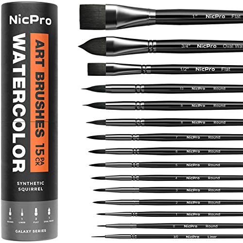 Nicpro 15 Stücke Aquarellpinsel, Pinsel Set für Acrylfarben Aquarell,Gouache Professionelles Pinselset Malen Anfänger, Kinder, Künstler, Synthetisches Eichhörnchenhaar von Nicpro