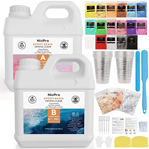 Nicpro 2160ml/ 72 oz Kristallklares Epoxidharz Set, Harz Gießen Set für Basteltischplatten, Schmuckherstellung, Formen, Kunstmalerei mit 16 Glimmerpulver, Messbechern und mehr von Nicpro