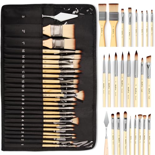 Nicpro 26 Stück Pinsel Set, Expertenqualität, Künstlerpinsel Pinselset Acrylfarben Pinsel, mit Leinwand Tragetasche und Spachtel für Acryl, Öl, Aquarell, Gouache Malerei, Erwachsene und Kinder von Nicpro