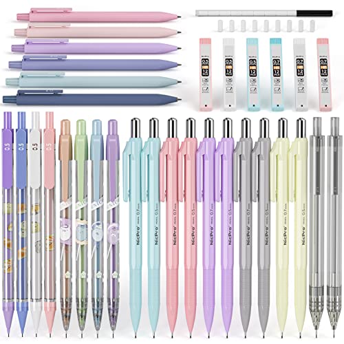 Nicpro 26 Stück Pastell Art Druckbleistift Set, Niedliche Druckbleistifte, 0,5 & 0,7 mm mit 6 Röhren HB Minen und Radiergummi Nachfüllungen für Schule, Bürobedarf, Schreiben, Skizzieren, Zeichnen von Nicpro