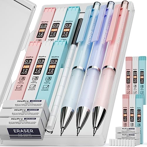 Nicpro 3 Stücke Druckbleistifte, Pastell Druckbleistift Set mit 6 Röhrchen HB-Mine 0,9mm, 3 Stück Radiergummi 9 Stück Radiergummi-Mine, niedlicher Schulbedarf zum Schreiben, Skizzieren, Zeichnen von Nicpro