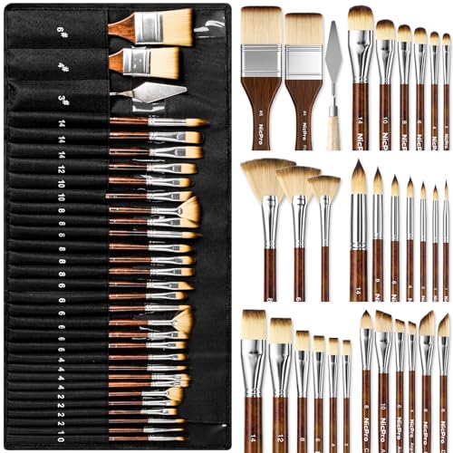 Nicpro 30 Stück Pinselset Acrylfarben, professionelle Pinsel Set mit Farbspachtel und Pinseltasche, Bastelpinsel für Acrylmalerei, Öl, Aquarell, Gouache, Künstlerbedarf für Künstler und Anfänger von Nicpro