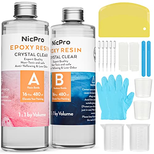 Nicpro 32oz Epoxidharz Set, Transparent Epoxidharz mit 4 Messbechern & 2 Silikonstäbchen & Handschuhe, Harz Gießen Set für DIY Basteln und Schmuckherstellung von Nicpro