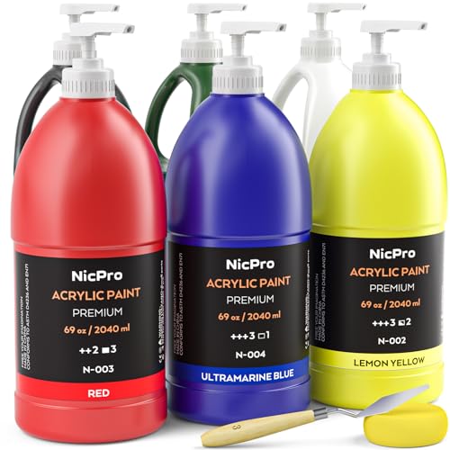 Nicpro 6 Farben Großes Acrylfarben Set（2040 ml×6, Ungiftig Künstler-Malfarben, Acrylfarben für Verschiedene Oberflächen, Holz, Stoff, Leder, Papier, Handwerk, für Kinder und Erwachsene mit Pumpe von Nicpro