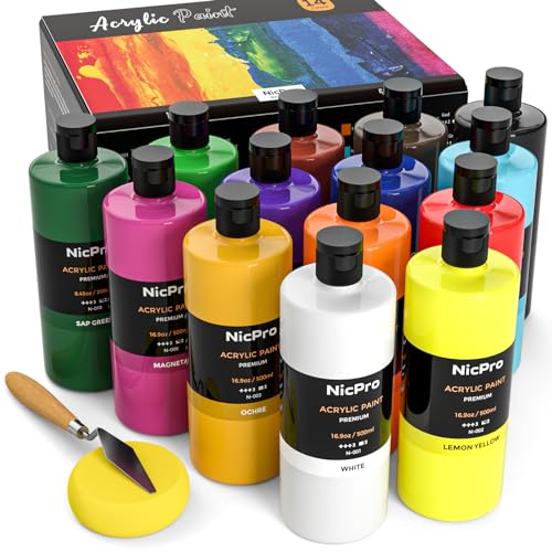 Nicpro Acrylfarben Set 14 x 500 ml, große Flasche Acrylfarbe in 14 Farben, reichhaltige Malfarben, ungiftige Acrylfarben für viele Oberflächen, Leinwand, Holz, Leder, für Kinder und Erwachsene von Nicpro