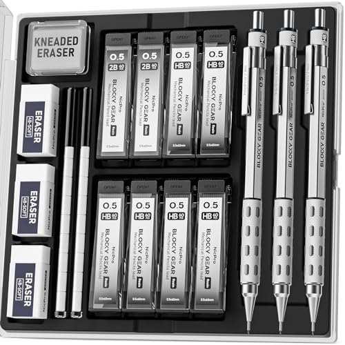 Nicpro Blocky Gear Druckbleistift-Set aus Metall, 0,5 mm, mit Etui, Minenstift mit 8 Röhrchen (480 Stück) Minen (HB 2B), 4 Radiergummis, 18 Radiergummi-Nachfüllungen für Kunstschreiben, Skizzieren, von Nicpro