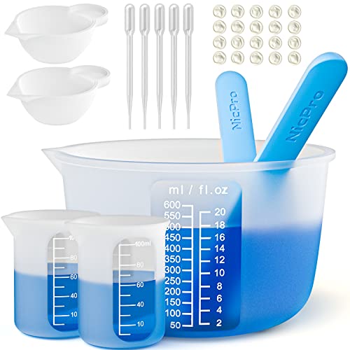 Nicpro Großes Silikon Messbecher Set, 600 ml & 100 ml Mischbecher, Rührstäbchen, Silikonbecher, Pipetten, Fingerlinge zum Mischen von Epoxidharz, Formen, Wachsen, Schmuckherstellung leicht zu reinigen von Nicpro