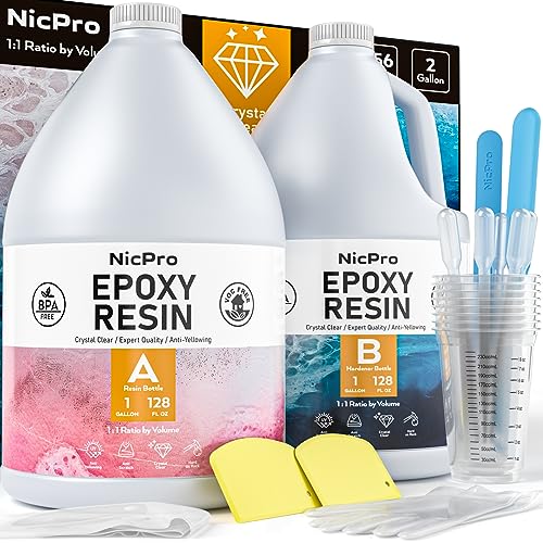 Nicpro Kristallklares Epoxidharz 2 Gallonen/256oz, Epoxidharz Set zum DIY Schmuckherstellung, Kunsthandwerk, komme mit Mischbechern, Transferpipetten, Silikon-Rührstäbchen, Handschuhen und mehr von Nicpro