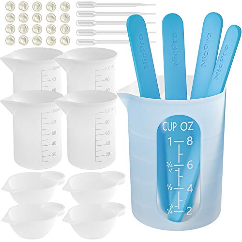 Nicpro Silikon Messbecher Set, 250 ml und 100 ml Mischbecher, Rührstäbe, Meßbecher, Pipetten, Fingerlinge, Epoxidharz Zubehör, für Epoxidharz, Gießformen, Wachsen, leicht zu reinigen von Nicpro