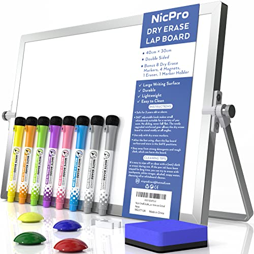 Nicpro Trockenlöschung Mini Whiteboard A3, Doppelseitiges Magnetische Desktop Schreibtafel mit Ständer, Stiften, Tragbare Staffelei Whiteboard für Kinder, Studenten, Schulbedarf, Büro (30 x 40 cm) von Nicpro