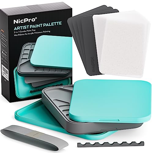 Nicpro Wet Palette für Mischpalette Acrylfarben, Farbtablett Nasspalette mit 100 Stück Palettenpapier, 4 Stück Schwämmen, Pinselhalter Farbmisch Aufbewahrung für Warhammer 40K Modellfarbe, DIY von Nicpro