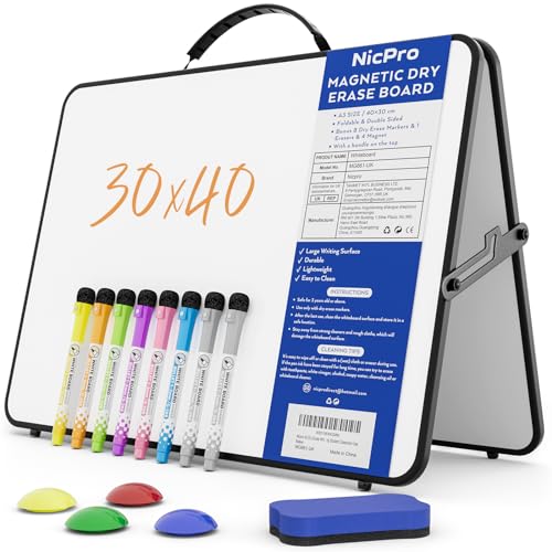 Nicpro Whiteboard, trocken abwischbar, A3, mit Ständer und Griff, 30 x 40 cm, doppelseitig, magnetisch, Schreibtisch-Whiteboard mit Stiften, Radiergummi-Magnet, tragbare Schreibstaffelei für Kinder, von Nicpro