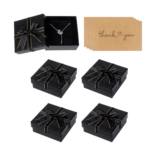 Nideen 4 Stück Schmuck Geschenkbox mit Karten, 7,5× 7,5× 3,5cm Halskette Armband Geschenkbox Schmuckschachtel mit Deckel Schmuckverpackungen(Schwarz) von Nideen