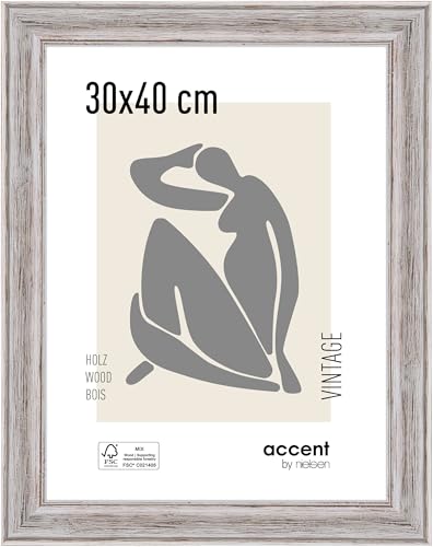 accent by nielsen Bilderrahmen, 30 x 40 cm, Holz, Weiß, Fotorahmen zum Aufhängen im Hoch- & Querformat, Echtglas, Vintage von accent by nielsen