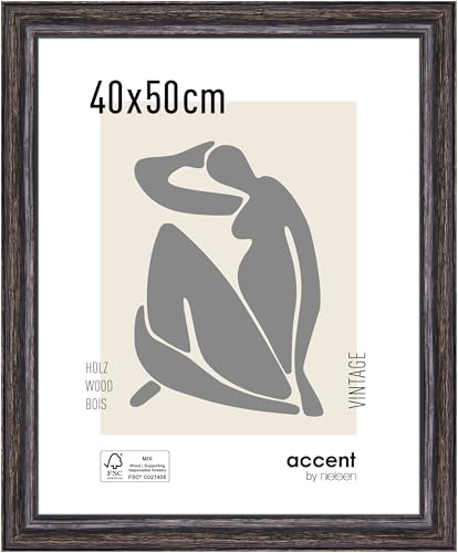 accent by nielsen Bilderrahmen, 40 x 50 cm, Holz, Schwarz, Posterrahmen zum Aufhängen im Hoch- & Querformat, Echtglas, Vintage von accent by nielsen