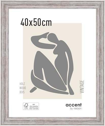 accent by nielsen Bilderrahmen, 40 x 50 cm, Holz, Weiß, Posterrahmen zum Aufhängen im Hoch- & Querformat, Echtglas, Vintage von accent by nielsen