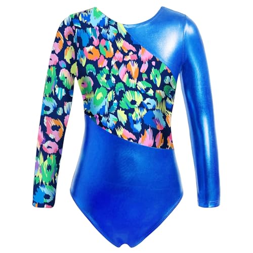 NihaoWXM Turngewand MäDchen Set Mädchen Glänzender Gymnastikanzug Ballett Bodysuit Netzstoff Langarm Schlüsselloch Rücken Metallic Kontrastfarben Eiskunstlauf Jumpsuit(Blue,4) von NihaoWXM