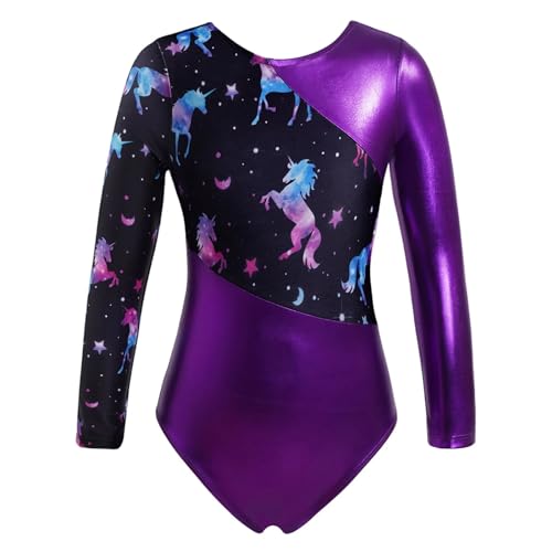 NihaoWXM Turngewand MäDchen Set Mädchen Glänzender Gymnastikanzug Ballett Bodysuit Netzstoff Langarm Schlüsselloch Rücken Metallic Kontrastfarben Eiskunstlauf Jumpsuit(Purple,14) von NihaoWXM