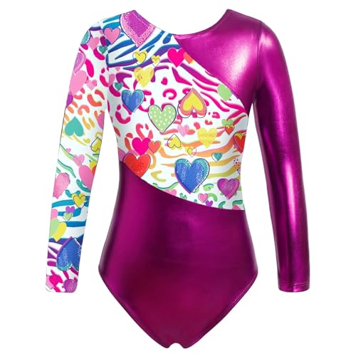 NihaoWXM Turngewand MäDchen Set Mädchen Glänzender Gymnastikanzug Ballett Bodysuit Netzstoff Langarm Schlüsselloch Rücken Metallic Kontrastfarben Eiskunstlauf Jumpsuit(Rose Red,10) von NihaoWXM