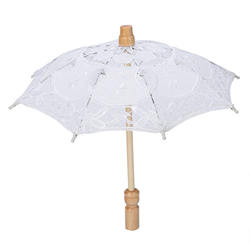 Nikou Hochzeitsschirm Brautschirm - handgemachte Spitze-Blumen-Stickerei Parasol Hochzeit Regenschirm for Braut Cotton Fashion Holzgriff Dekoration Regenschirm (Farbe : White S) von Nikou