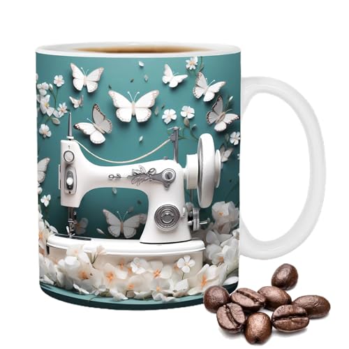 Niktule Lustige Kaffeetasse,Nähmaschinen Tasse,Flach Bedruckte Nähmaschinen-Teetassen für Nähliebhaber,Kaffee Latte Tasse mit Blumenmuster,dekorative Wasserbecher,Geschenk für Damen und Herren von Niktule