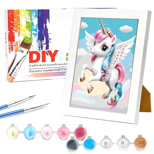 Nilnewuh Einhorn Malen Nach Zahlen mit Holzrahmen für Kinder ab 6 Jahre, Junior und Erwachsene Anfänger, 18x24cm Klein DIY Gemälde Bastelset, Painting Kit mit Leinwand Pinseln Acrylfarben für Mädchen von Nilnewuh