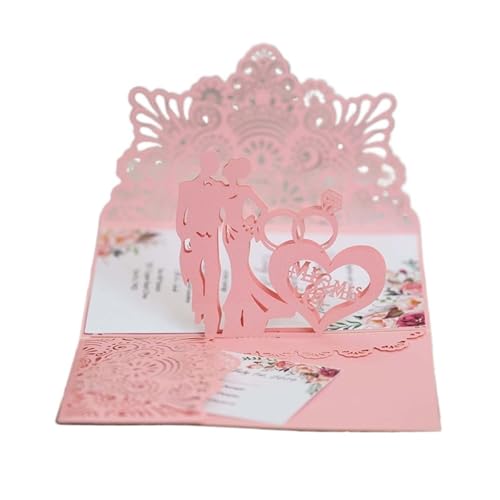 Nilnyvda 5 Stück europäische lasergeschnittene Hochzeitseinladungskarten, 3D-dreifach gefalteter Diamantring, Verlobungsgrußkarte, Hochzeitsparty-Bevorzugungszubehör(Pink Cover Insert) von Nilnyvda