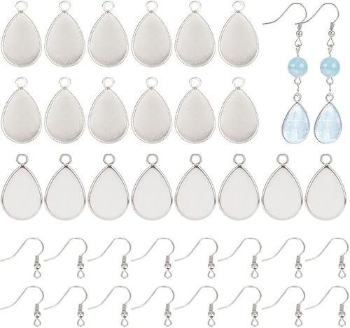 24 Sets Ohrringhaken mit Anhängerablagen, zum Selbermachen, blanko, baumelnde Ohrringe, Edelstahl-Ohrring-Einstellungen, rechteckige Glas-Cabochons für Ohrring-Schmuckherstellung (Edelstahlfarbe) von Niltracy