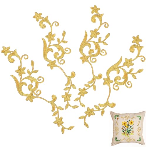 5 Paar goldene Blumen-Stickerei-Aufnäher, elegante Spitzenapplikationen, florales Design, zum Aufnähen/Aufbügeln, Applikationen für DIY, Nähen, Handwerk, Dekor von Niltracy