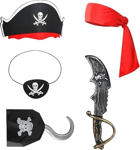 Niltracy Piraten-Zubehör, Halloween-Kostüme, Halloween-Partyzubehör, inklusive Haarband, Piratenhut, schwarze Piraten-Augenklappe für Kinder und Mädchen, 5 Stück von Niltracy