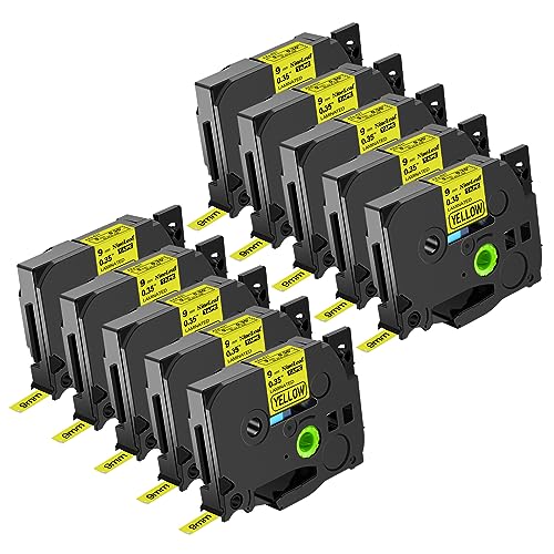 NineLeaf 10 Packung Ersatz für Brother P-Touch TZe-621 TZe621 TZ621 AZe 9mm 0.35'' Bänder Laminiertes Schwarz auf Gelb Schriftband für Ptouch PT-D200 D450 D400VP D400 E300 E100 Beschriftungsgerät von NineLeaf