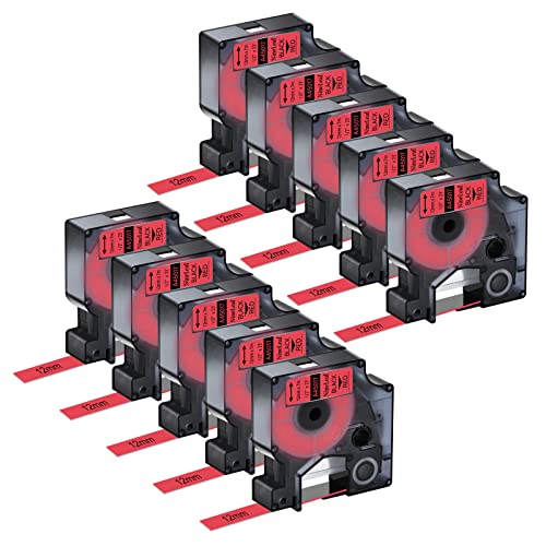 NineLeaf 10 Packung Ersatz für Dymo D1 45017 S0720570 A45017 12mm x 7m 0.47'' Bänder Schwarz auf Rot Schriftband für LabelManager 160 210D 220P 120P LabelPoint 100 150 200 250 Beschriftungsgerät von NineLeaf