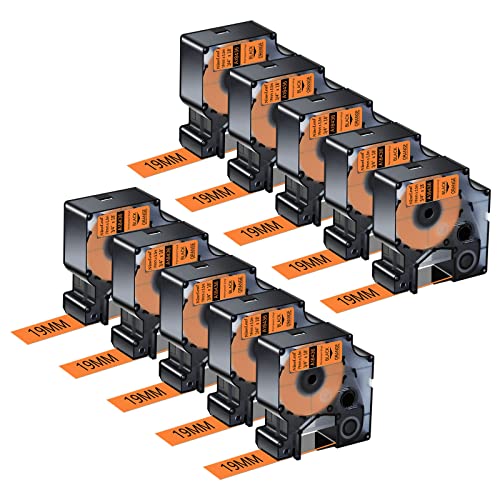 NineLeaf 10 Packung Ersatz für Dymo IND 18436 A18436 19mm x 5.5m Bänder Schwarz auf Orange Vinyl Permanentes Industrie Schriftband für Rhino 4200 5200 5000 6000 ILP 3M PL150 PL200 Beschriftungsgerät von NineLeaf