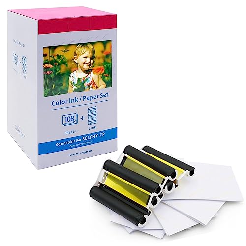 NineLeaf 1PK Ersatz für Canon Selphy CP1300 CP1500 CP1200 CP1000 CP910 CP820 und Kartusche, KP-108IN 3115B001(AA) Postkarten für Canon Selphy Fotodrucker, 3 Kartusche+108 FotoPapier (10x15cm) von NineLeaf