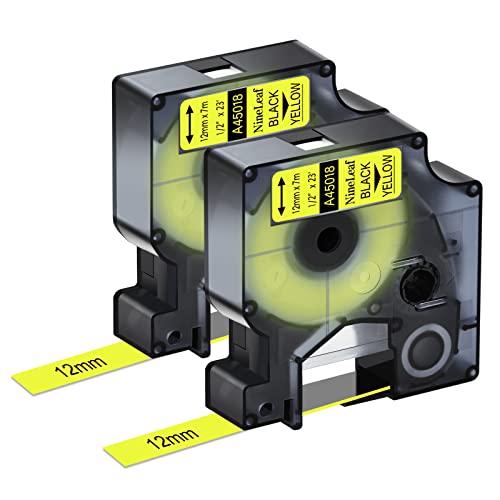 NineLeaf 2 Packung Ersatz für Dymo D1 45018 S0720580 A45018 12mm x 7m 0.47'' Bänder Schwarz auf Gelb Schriftband für LabelManager 160 210D 220P 120P LabelPoint 100 150 200 250 Beschriftungsgerät von NineLeaf