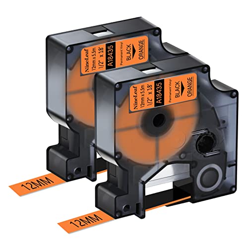 NineLeaf 2 Packung Ersatz für Dymo IND 18435 A18435 12mm x 5.5m Bänder Schwarz auf Orange Vinyl Permanentes Industrie Schriftband für Rhino 1000 4200 5200 ILP 219 3M PL100 PL150 Beschriftungsgerät von NineLeaf