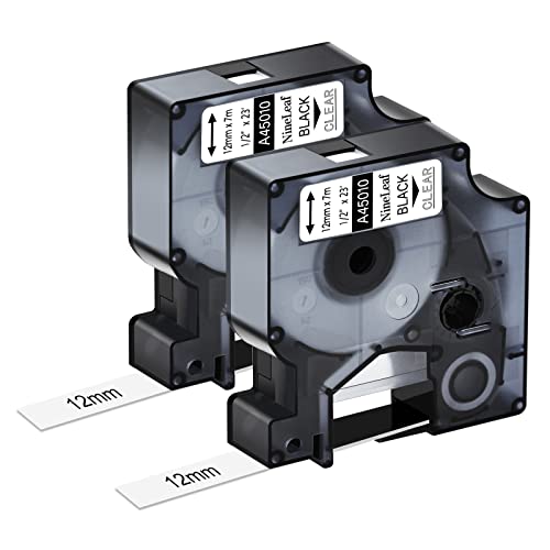 NineLeaf 2 x Kompatibel für Dymo D1 45010 S0720500 A45010 Schriftband 12mm 0.47'' Schwarz auf Transparent Etikettenband für LabelManager 160 210D 220P 120P 150 200 Beschriftungsgerät von NineLeaf