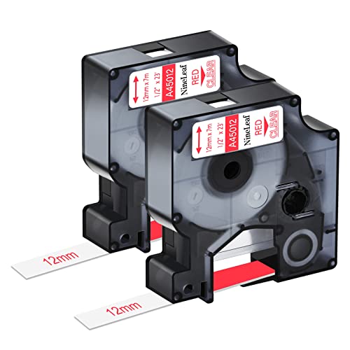 NineLeaf 2 x Kompatibel für Dymo D1 45012 S0720520 A45012 Schriftband 12mm 0.47'' Rot auf Transparent Etikettenband für LabelManager 160 210D 220P 120P 150 200 Beschriftungsgerät von NineLeaf