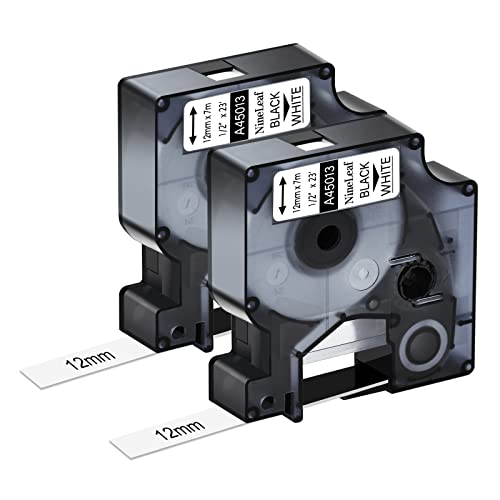 NineLeaf 2 x Kompatibel für Dymo D1 Schriftband 45013 S0720530 A45013 12mm 0.47'' bänder Schwarz auf Weiß Etikettenband für LabelManager 160 210D 220P 120P 200 3M PL100 PL150 PL200 Etikettiergerät von NineLeaf